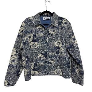 Vintage Keren Hart Quilted Jacket in Blue and Ivory Rose Print - Size XL
